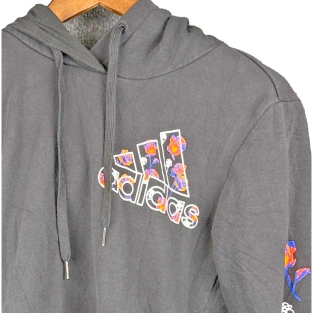 adidas Floral Rose Logo Sleeve Graphic Hoodie Sweatshirt Pullover Black XS